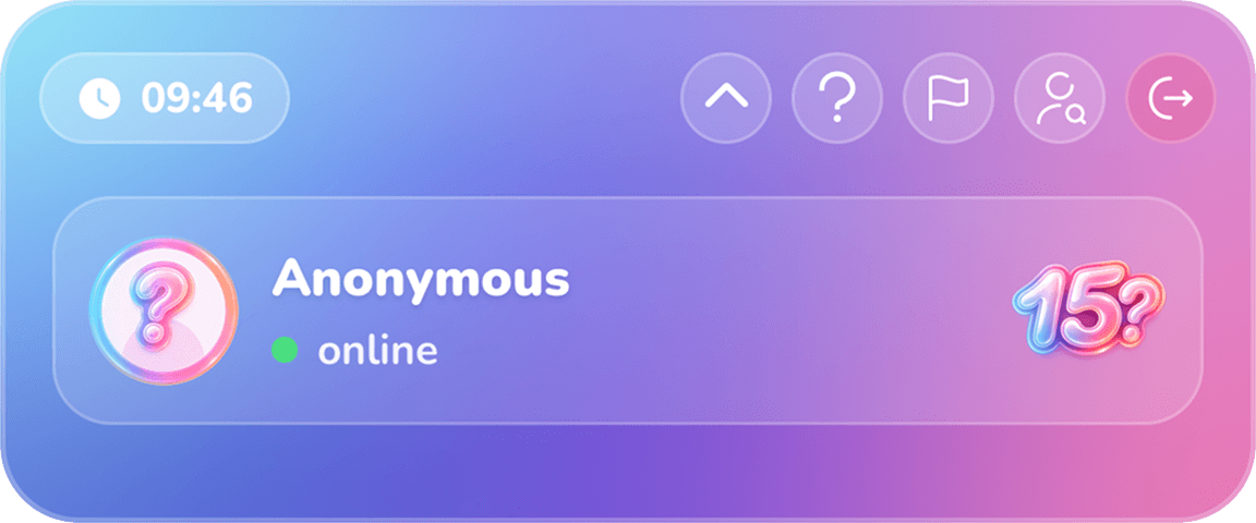 The chat header: a 09:46 countdown, an anonymous match shown as online, and the 15 mark